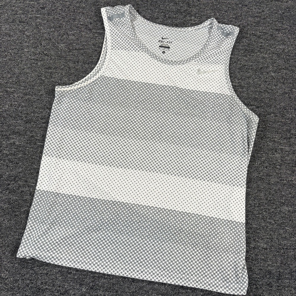 Nike Tank Top Mens Medium Grey White Dri-FIT Mesh Running Singlet Geometric